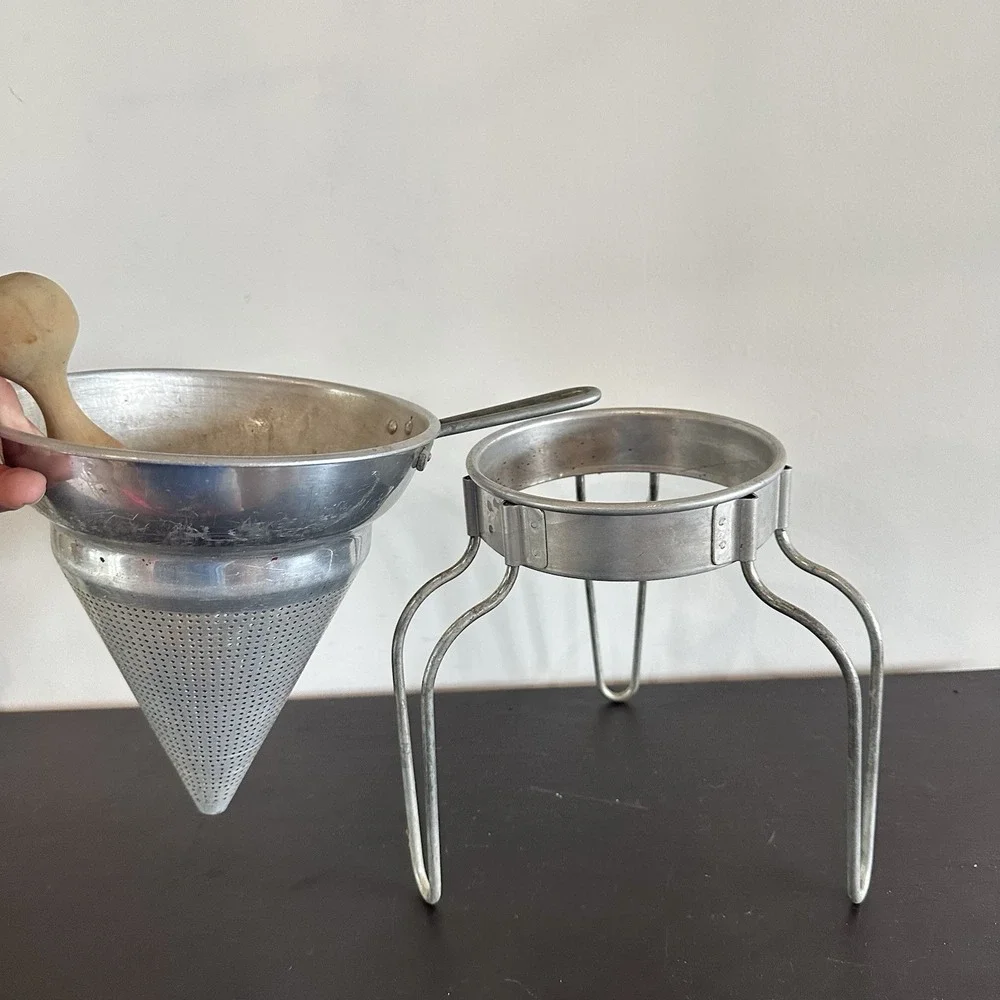 Vintage Aluminum Wear-Ever Sieve Cone Strainer Wood Pestle w/ Stand Canning